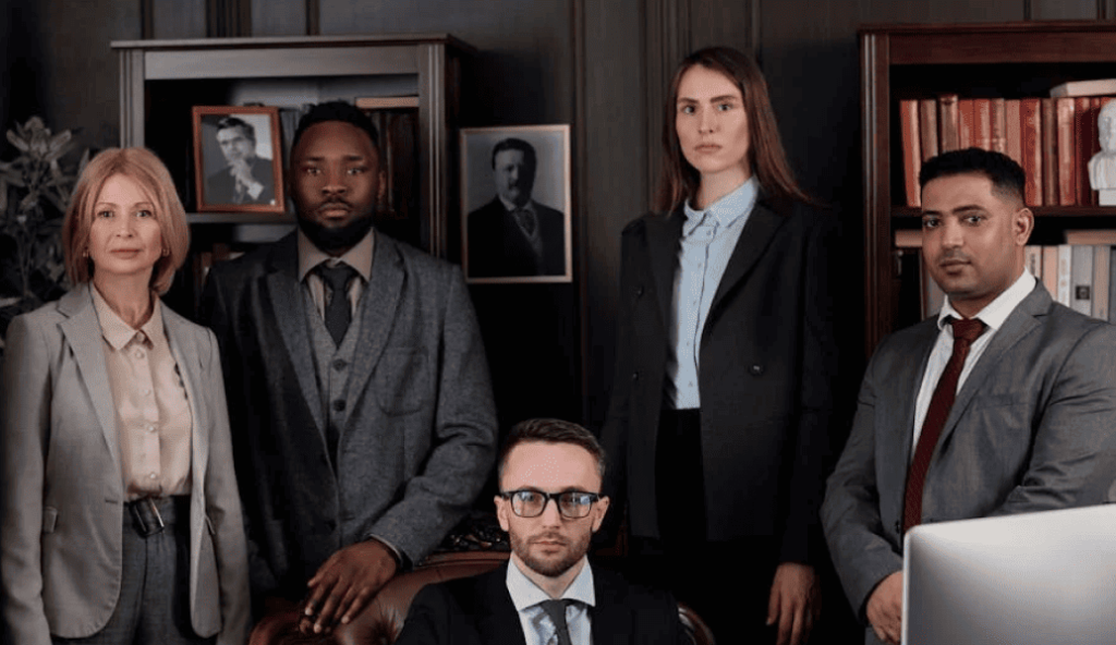 Cinq personnes en tenue professionnelle posant dans un bureau.